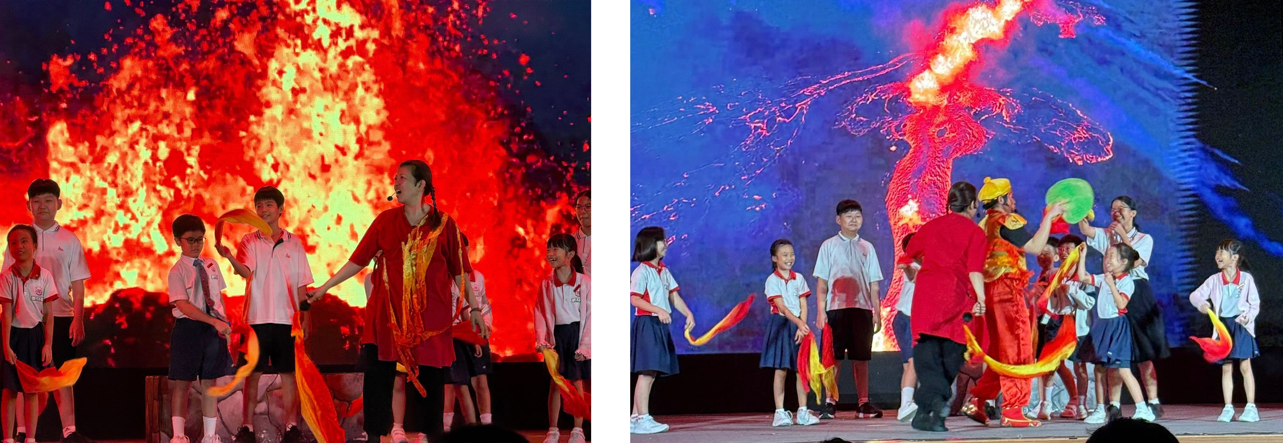 图一，同学们在火焰山前舞动。图二，台上演得尽兴，台下看得开心！